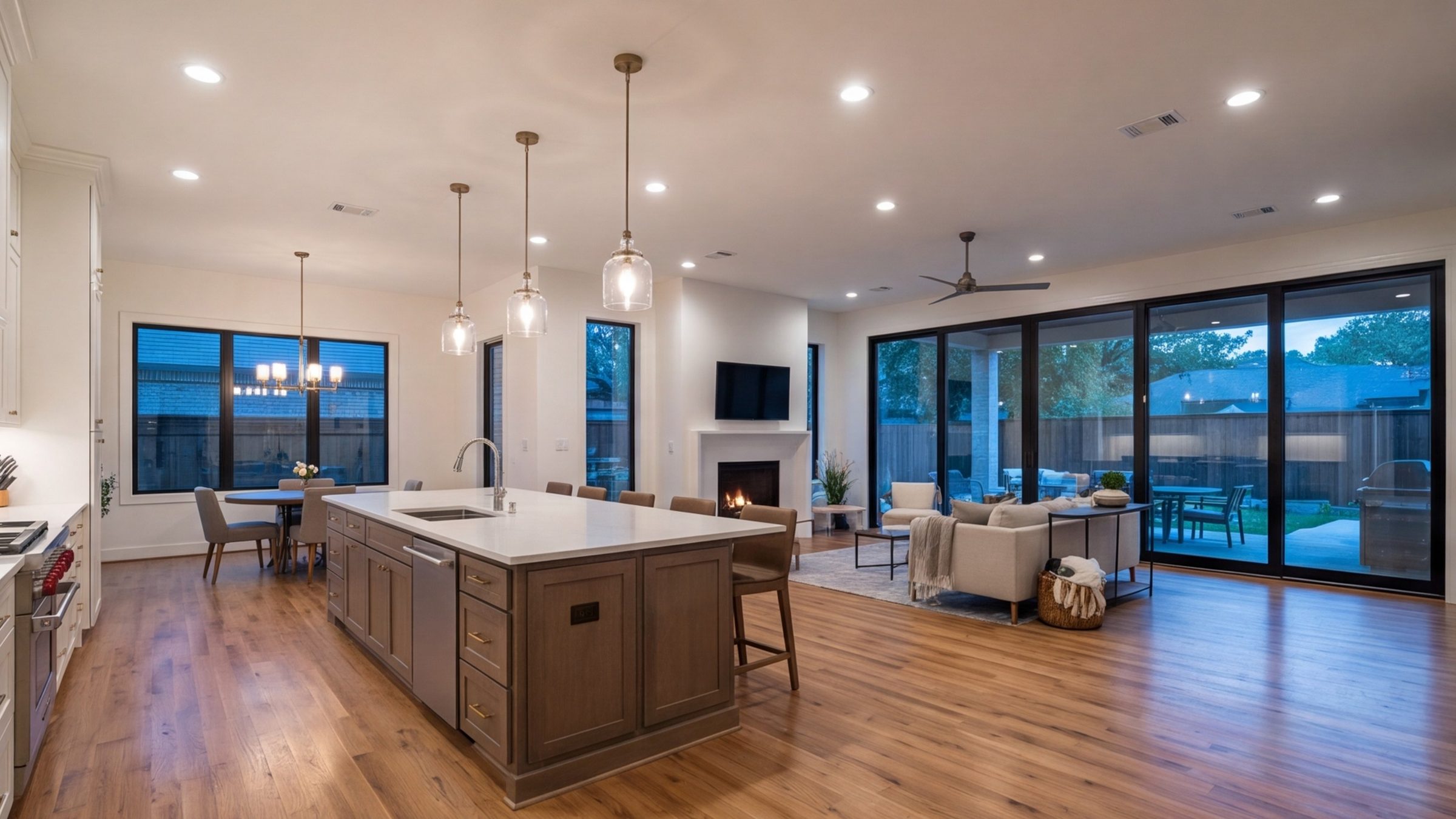 Wide view of a remodeled open-plan kitchen and living room in a Dallas home at dusk