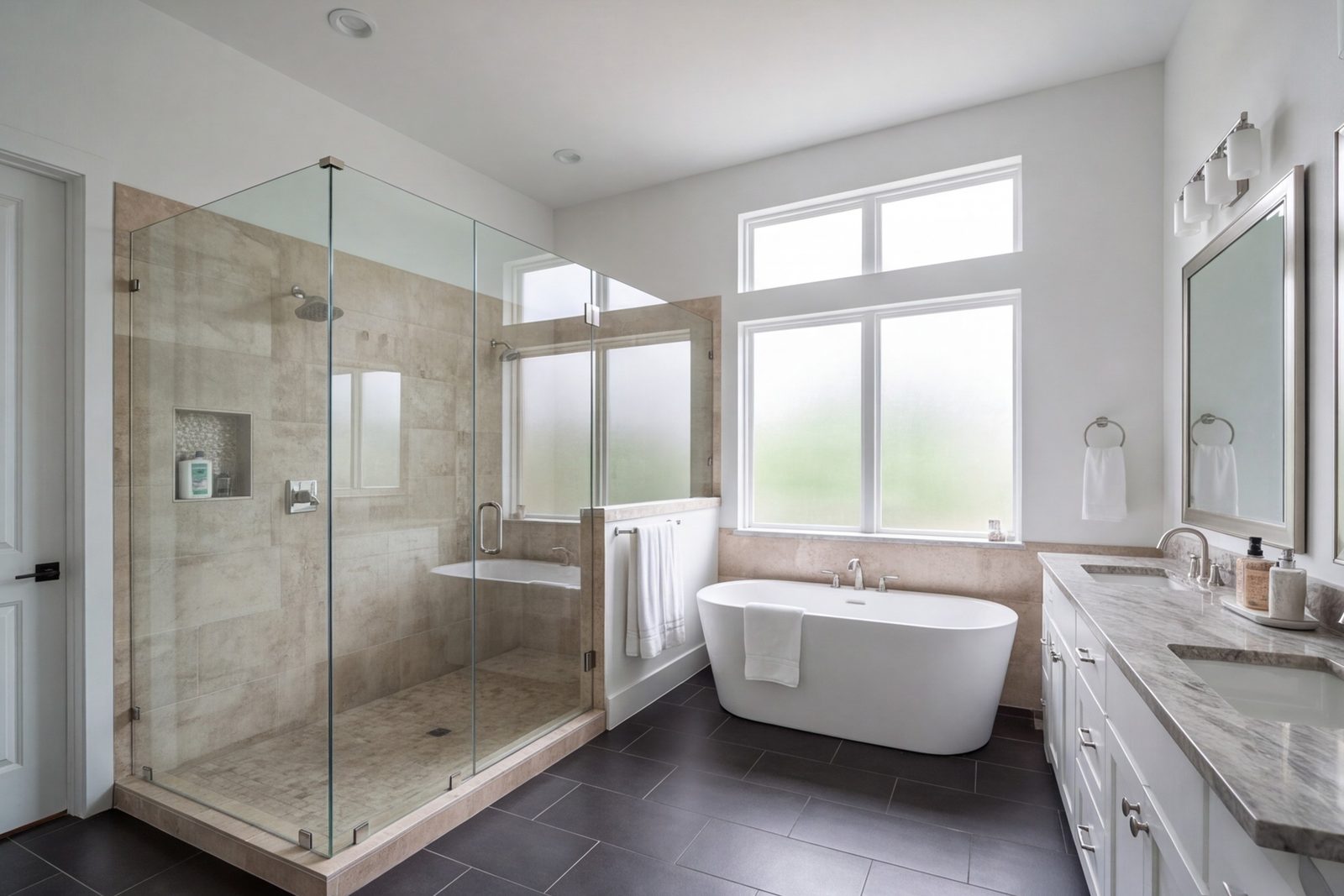 University Park primary bath with a walk-in shower, freestanding tub and double vanity