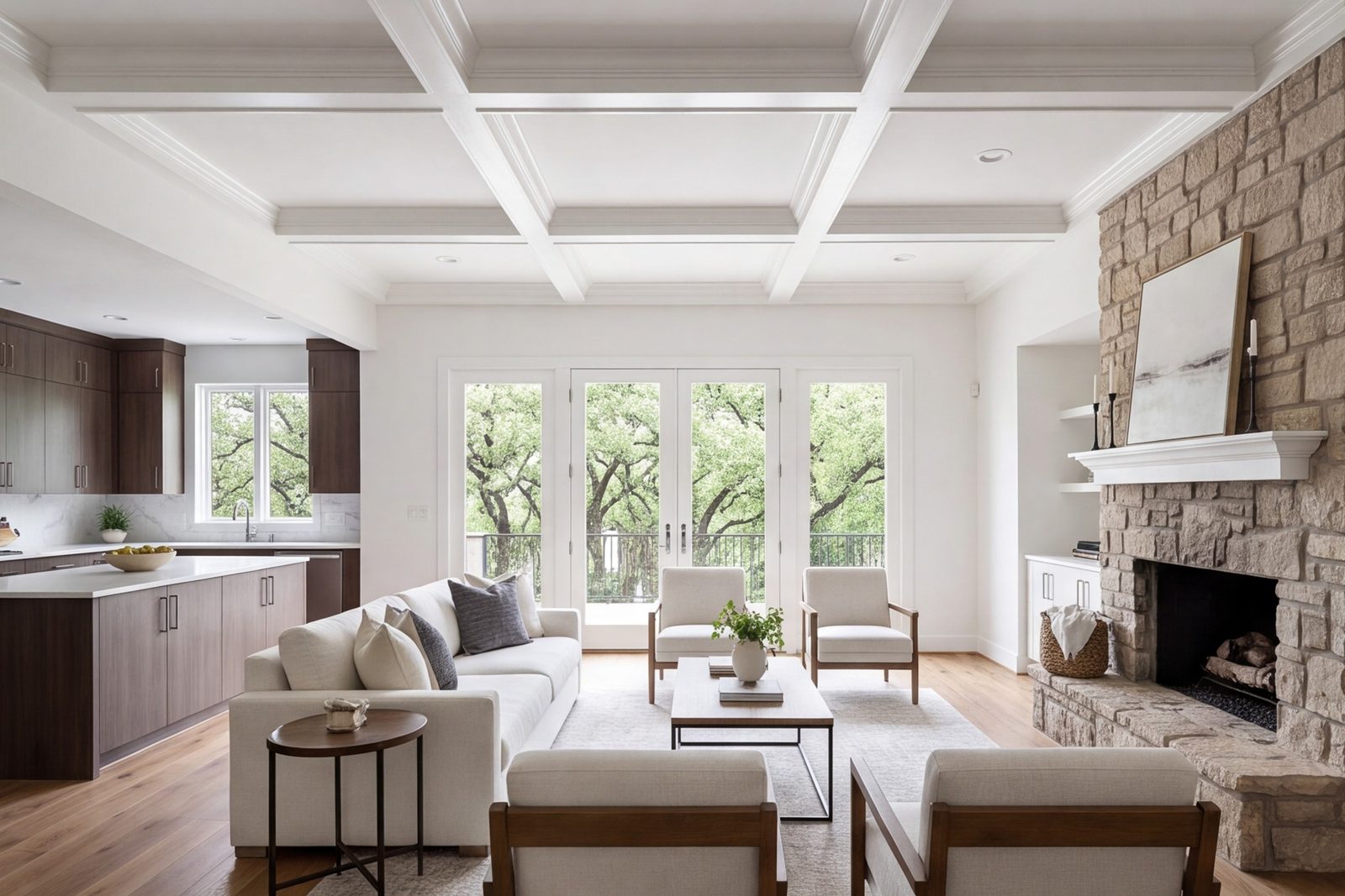 Las Colinas open-plan living area with a new kitchen sharing the view